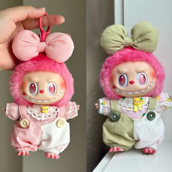 [BUNDLE of 2] Labubu Outfits – Pink & Green Overall Sets with Bows 🎀 - Picture 1 of 8